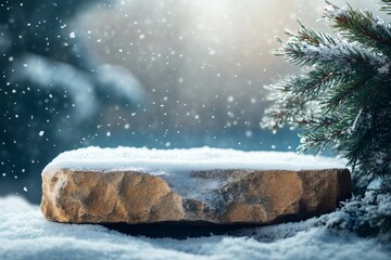 Sticker - Snowy stone podium displaying winter wonderland scene with falling snowflakes