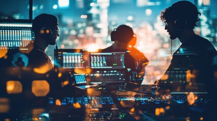 Poster - Three individuals working with technology in a modern urban environment at night.