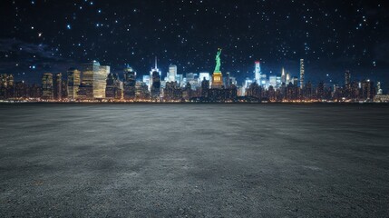 Poster - Nighttime skyline of a city with a starry sky and a view of a famous statue.