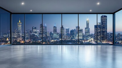 Poster - Modern interior with large windows showcasing a city skyline at dusk.