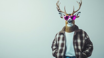 Poster - A deer wearing sunglasses and a plaid jacket poses against a plain background.