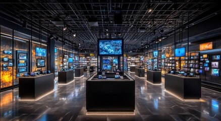 Poster - A modern electronics store showcasing various screens and devices in an illuminated space.