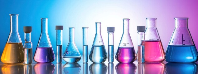 Aufkleber - A collection of colorful laboratory glassware filled with various liquids, showcasing science.