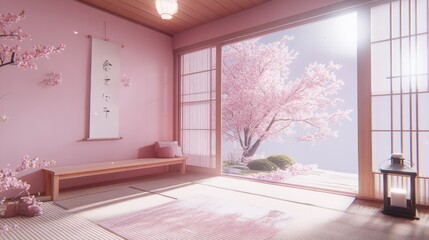 Poster - A serene pink room with a view of a blossoming cherry tree, embodying tranquility.