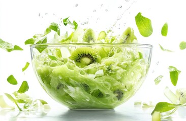 Poster - A vibrant bowl of green salad with kiwi and leafy greens splashing in water.