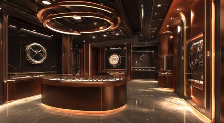 Poster - Luxurious watch showroom with elegant displays and modern design.