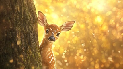 Poster - A curious fawn peeks around a tree in a sunlit forest, surrounded by a warm, golden glow.