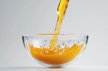 Poster - A clear bowl captures orange liquid pouring in, creating splashes and ripples.