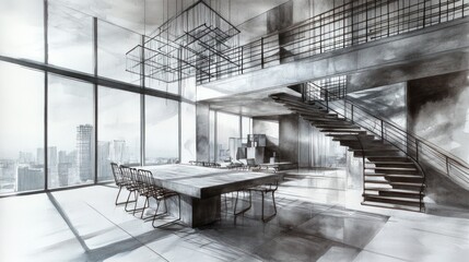 Aufkleber - Modern office interior with a staircase and large windows showcasing a city view.