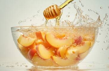 Poster - A bowl of peach slices splashes as honey drizzles over them, creating a refreshing scene.