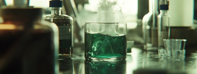 Aufkleber - A laboratory scene featuring a bubbling green solution in a glass container.