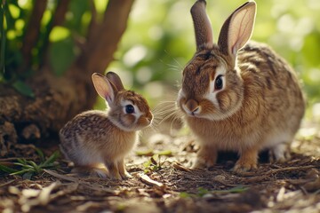 Aufkleber - A mother rabbit and her baby sit together in a sunlit garden, showcasing their bond.