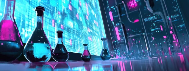 Poster - Futuristic laboratory with glowing flasks and a digital backdrop.