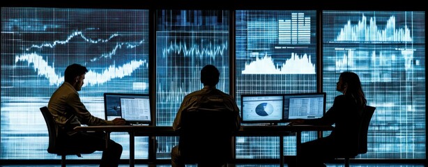 Poster - Three individuals analyzing data on laptops in a high-tech environment.