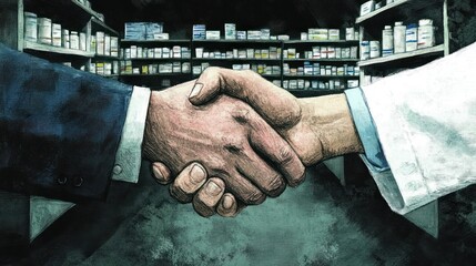 Aufkleber - A handshake between two individuals in a pharmacy setting, symbolizing partnership and trust.