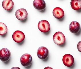 Poster - A flat lay of whole and halved red plums on a white background.