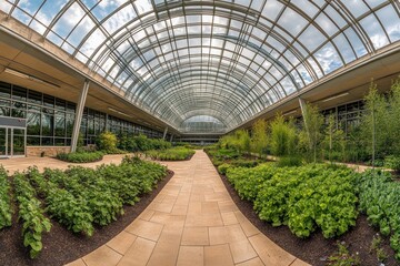 Aufkleber - A spacious indoor garden with a glass roof, featuring pathways and lush greenery.