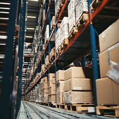 Poster - A warehouse interior filled with stacked boxes on shelves, showcasing storage and logistics.