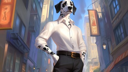 Poster - A stylish anthropomorphic Dalmatian stands confidently in a vibrant urban alleyway.