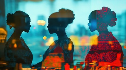 Poster - Silhouettes of women against a colorful, reflective urban backdrop.