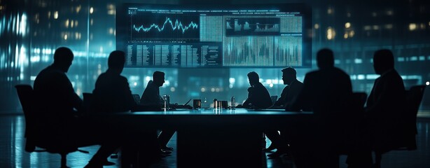 Poster - A group of individuals in a dark conference room, analyzing data on a large screen.