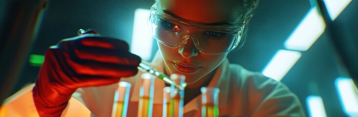 Aufkleber - A scientist carefully adding liquid to test tubes in a laboratory setting.