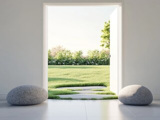 Leinwandbilder - A serene open door leads to a lush green landscape, inviting tranquility and exploration.
