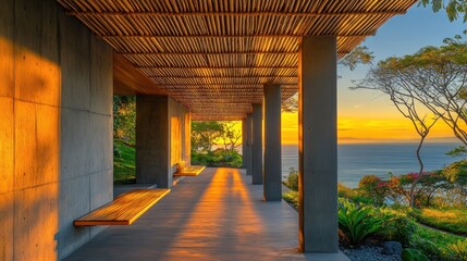 Leinwandbilder - A serene architectural space with wooden benches and a stunning sunset view over the ocean.