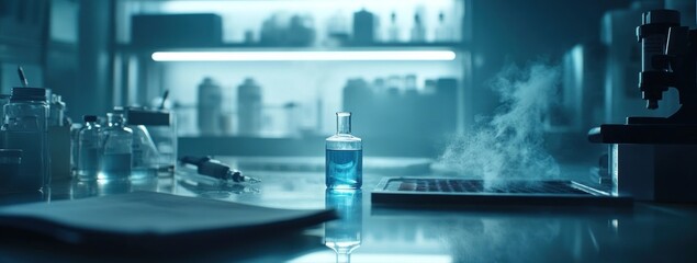 Aufkleber - A laboratory scene with a blue liquid in a vial, surrounded by scientific equipment and smoke.