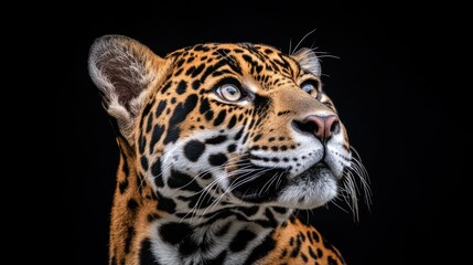 Poster - A close-up of a majestic jaguar against a dark background, showcasing its striking features.