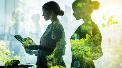 Aufkleber - A silhouette of a woman reading, surrounded by nature elements, symbolizing environmental awareness.