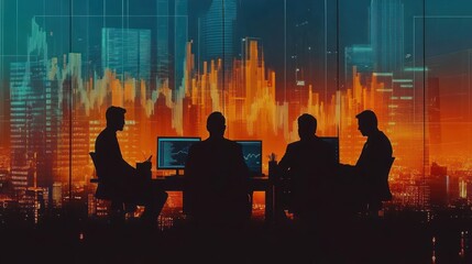 Fototapete - Silhouetted figures in a meeting with digital data visuals in a cityscape background.