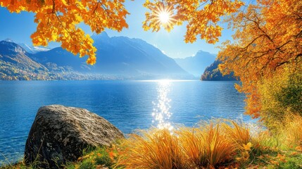 Poster - A serene autumn landscape featuring vibrant foliage and a tranquil lake under a bright sun.