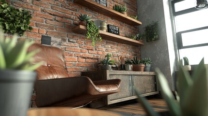 Aufkleber - Cozy interior featuring a leather chair, wooden shelves, and potted plants against a brick wall.