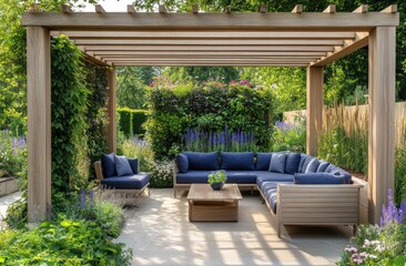Poster - A cozy outdoor seating area surrounded by lush greenery and colorful flowers.