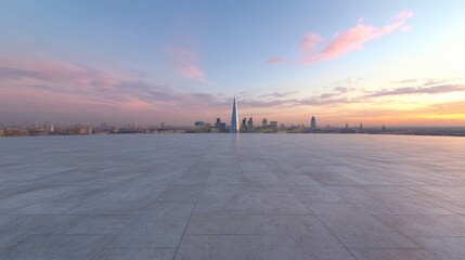 Poster - A panoramic view of a city skyline at sunset with a vast empty foreground.