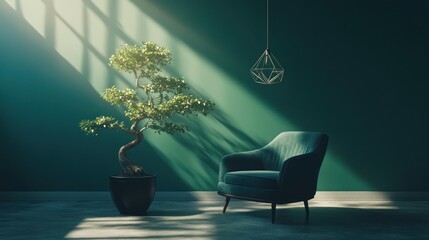 Aufkleber - A serene interior featuring a stylish chair and a bonsai tree in soft lighting.