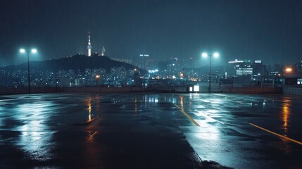 Poster - A rainy night view of a city skyline with reflections on the ground.