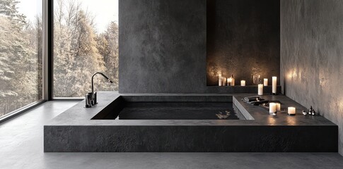 Poster - A modern, minimalist bathroom featuring a sleek tub, candles, and a serene view.