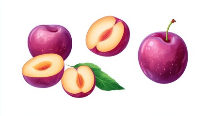 Poster - Illustration of plums, showcasing whole and halved fruits with a leaf.