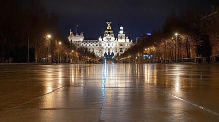 Poster - Nighttime view of a grand building reflecting on a wet pavement.