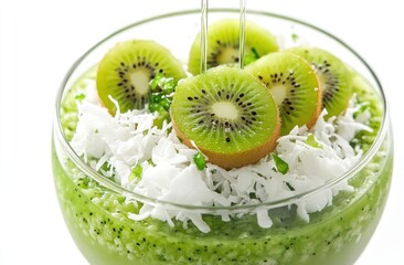 Poster - A vibrant dessert featuring kiwi slices, coconut, and green layers, ideal for a refreshing treat.