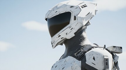 Fototapete - A futuristic robotic helmet and suit against a clear sky backdrop.