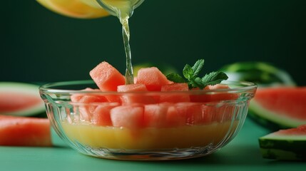 Poster - Fresh watermelon cubes in a bowl with a citrus drizzle and mint garnish.