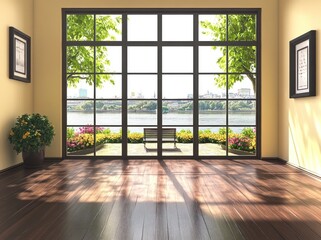 Aufkleber - Bright interior with large windows showcasing a scenic view of nature and a tranquil atmosphere.