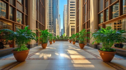 Aufkleber - A bright indoor corridor lined with potted plants and large windows showcasing city skyscrapers.