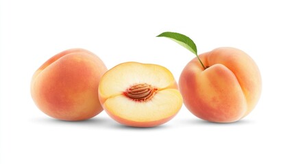 Poster - Three peaches, one cut in half, showcasing its flesh and seed, with a green leaf.