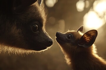 Aufkleber - A close-up of a bat and a baby bat interacting in a warm, natural setting.