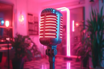 Poster - Vintage microphone stands on stage under neon lights in karaoke bar