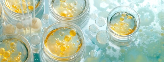 Poster - A close-up of laboratory glassware containing liquids and bubbles, suggesting scientific research.
